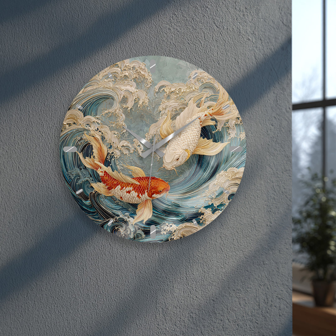 Japanese Koi Fish Glass Wall Clock – Blue Ocean Wave Art