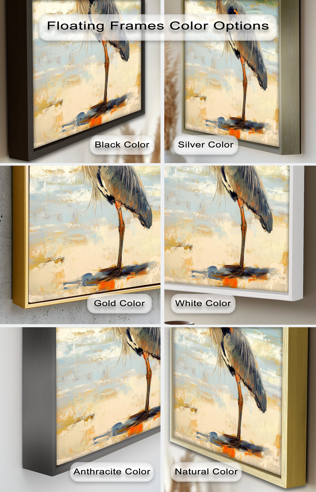 Elegant Heron Standing on Shoreline – Framed Oil Painting