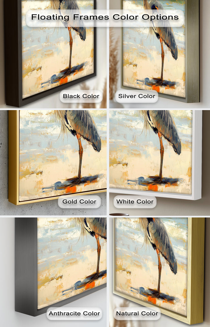 Elegant Heron Standing on Shoreline – Framed Oil Painting