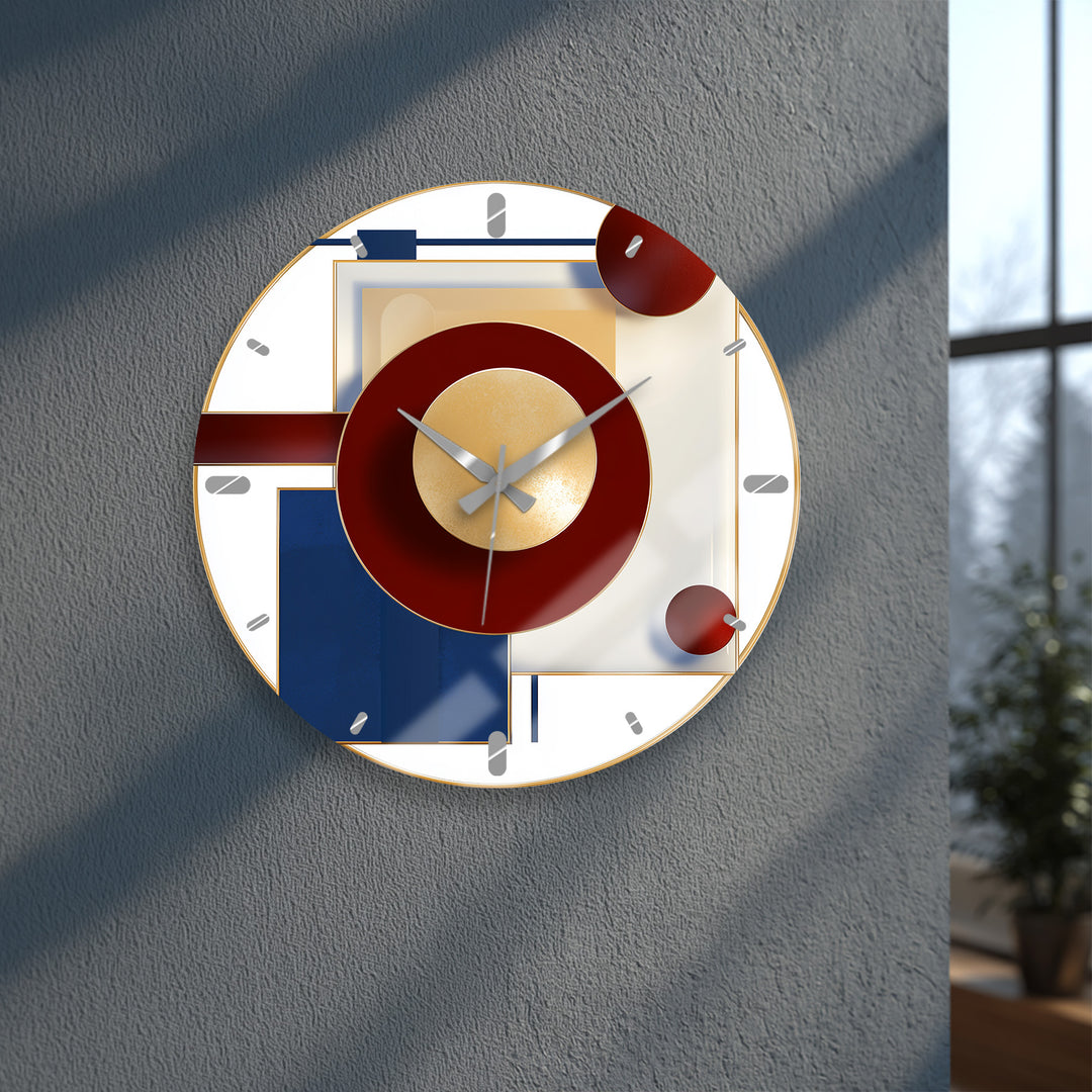 Burgundy and Navy Glass Wall Clock – Modern Geometric Gold Art