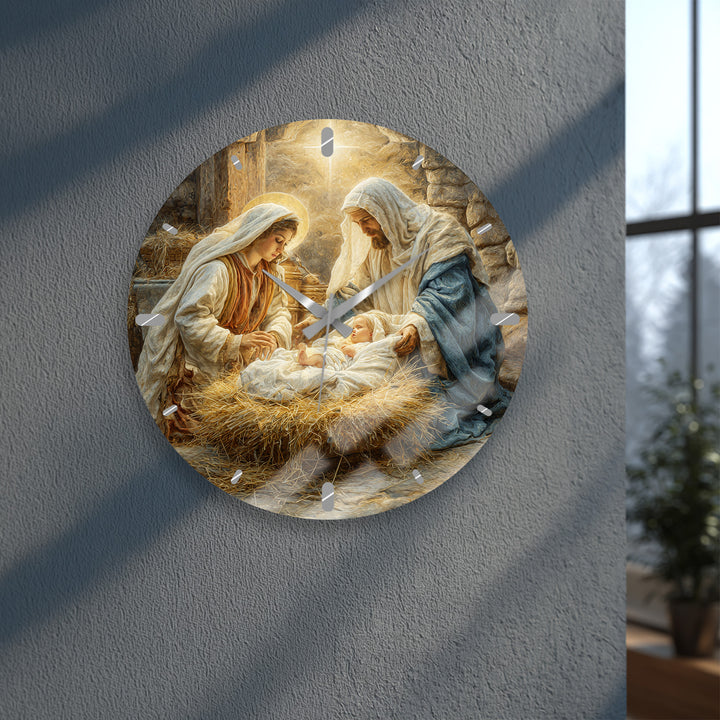Nativity Scene Glass Wall Clock – Holy Family Christmas Decor