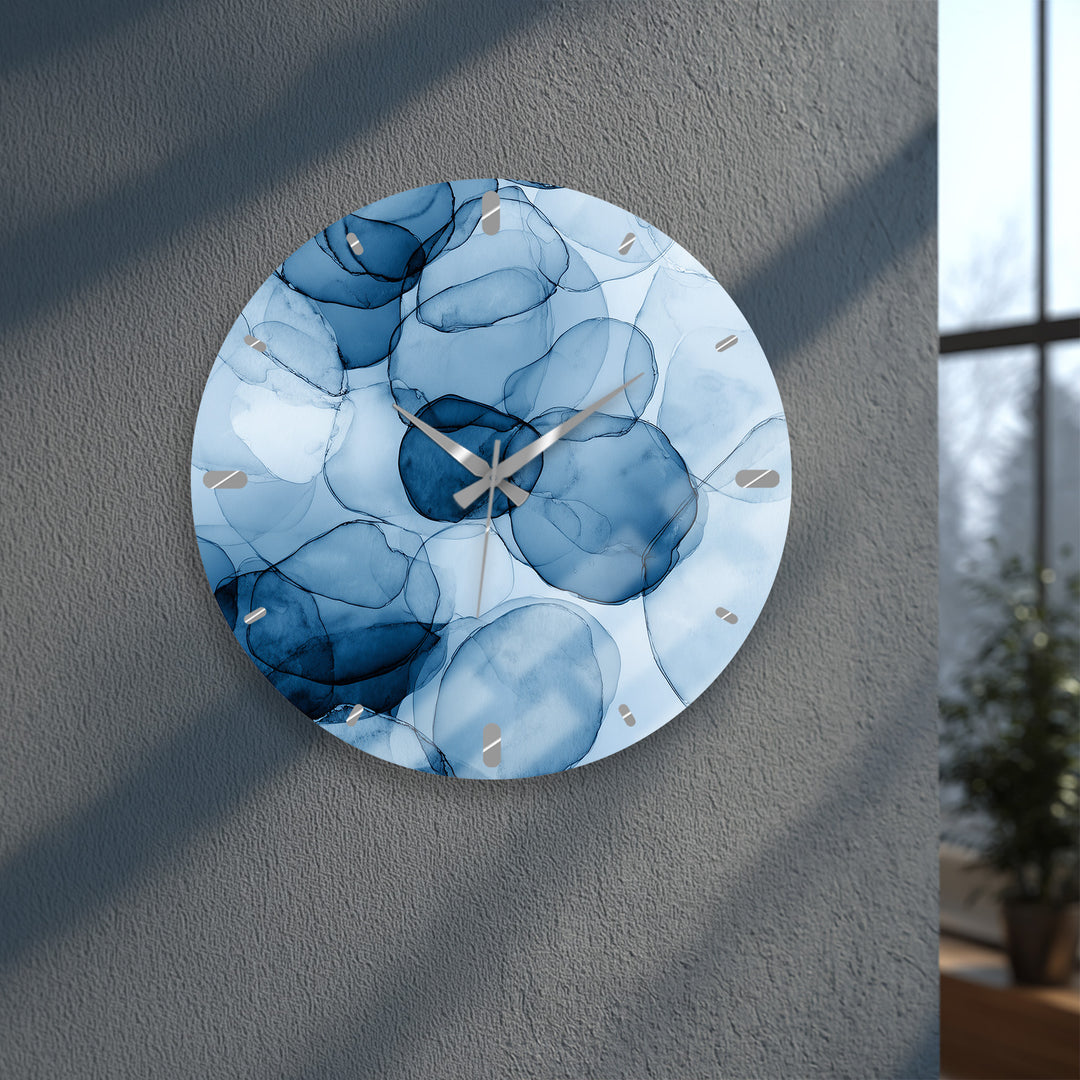 Blue Abstract Glass Wall Clock – Modern Alcohol Ink Art