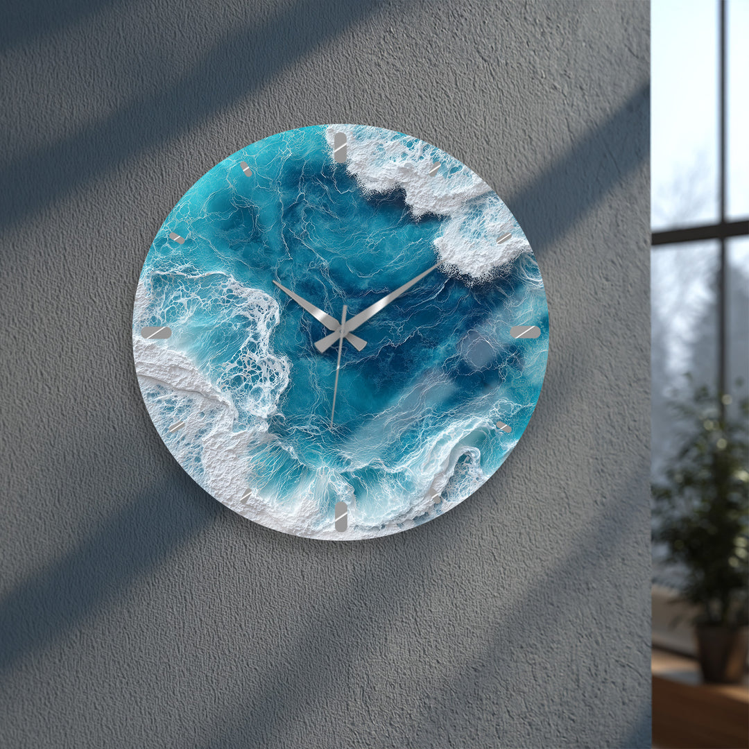 Ocean Waves Glass Wall Clock – Blue Coastal Beach House Decor