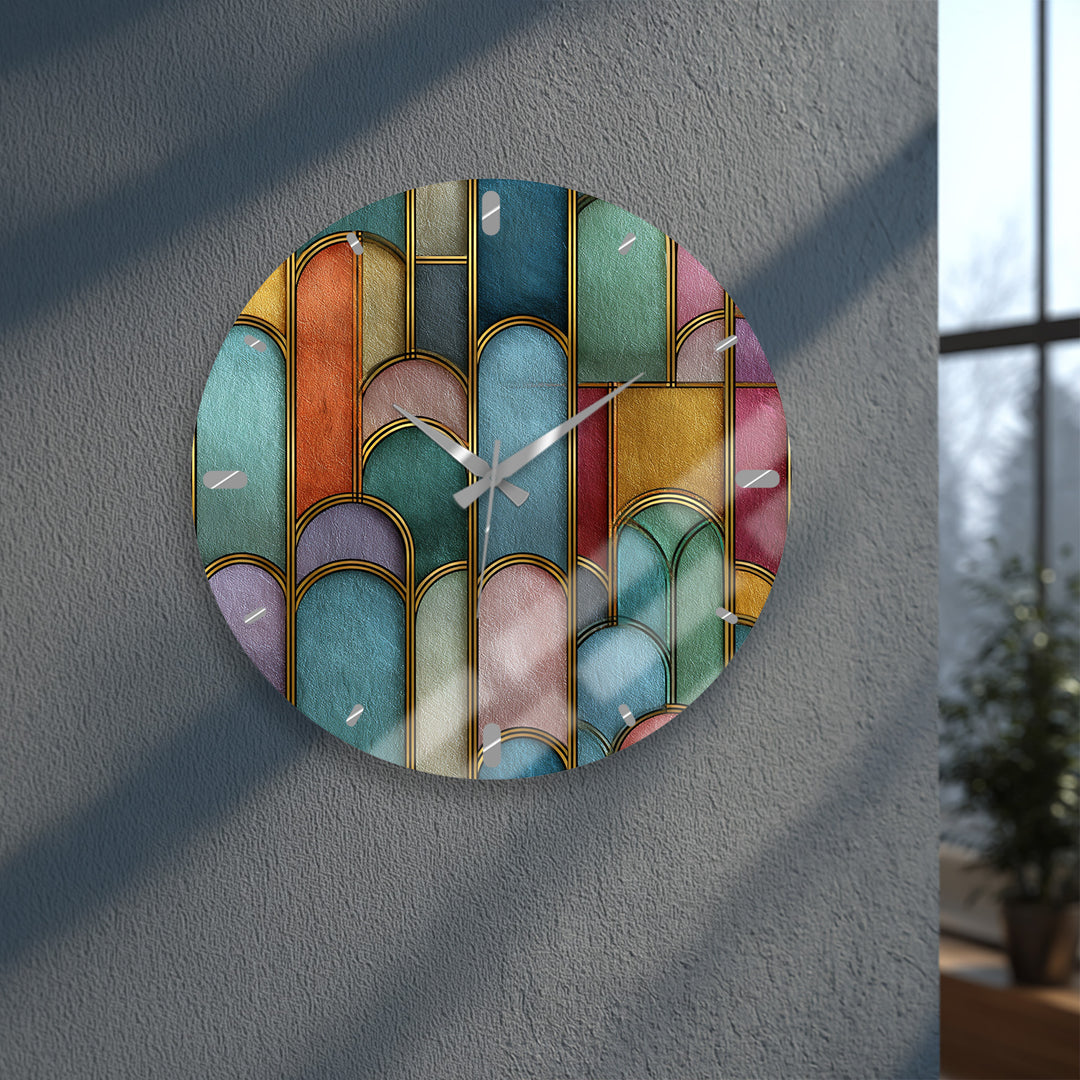 Art Deco Glass Wall Clock – Colorful Geometric Arch Decor