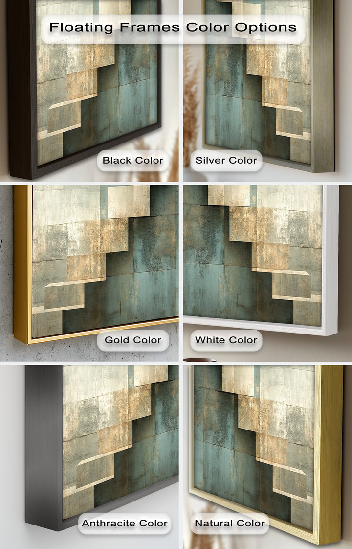 Geometrische Schritte Abstrakt – Blau &amp; Beige Modernes Ölgemälde