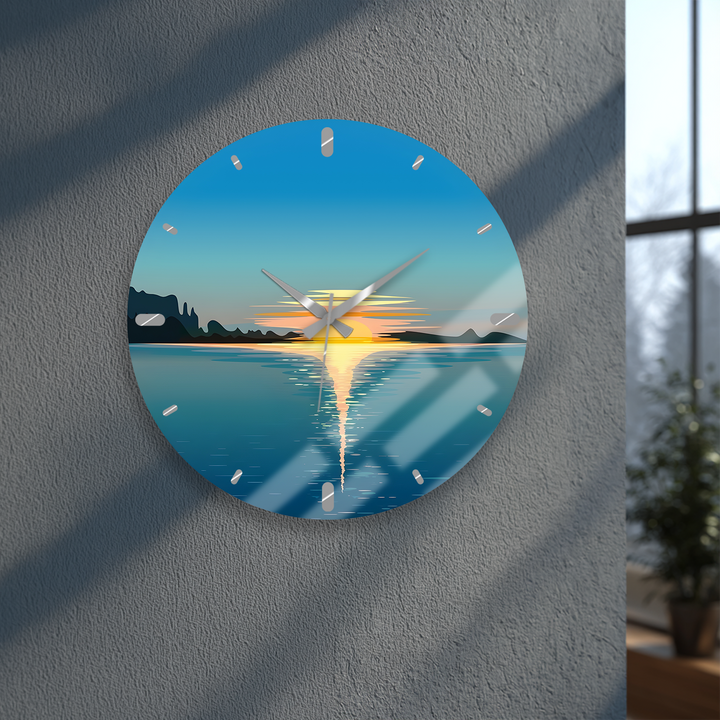 Minimalist Ocean Sunset Glass Wall Clock – Coastal Decor