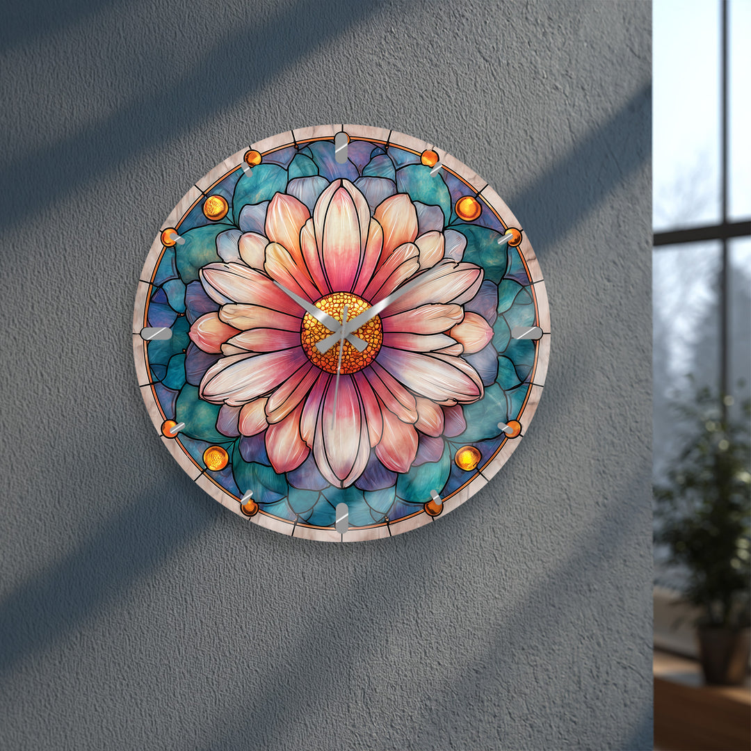 Rosa florale Glas-Wanduhr – Dekor im Buntglas-Stil
