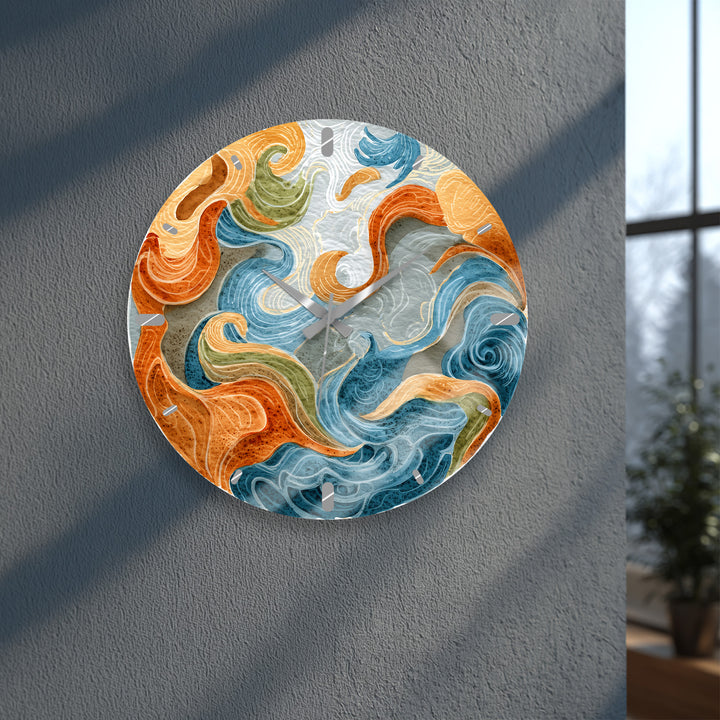 Abstract Ocean Glass Wall Clock – Blue and Orange Wave Art