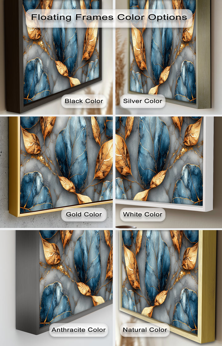 Golden Blue Marble Leaves – Botanical Oil Painting