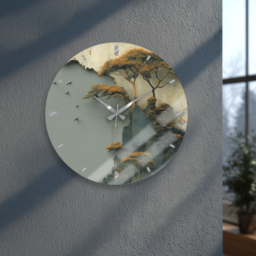 Misty Forest Glass Wall Clock – Golden Mountain Landscape