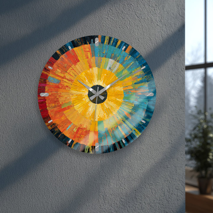 Abstract Sunburst Glass Wall Clock – Colorful Modern Art