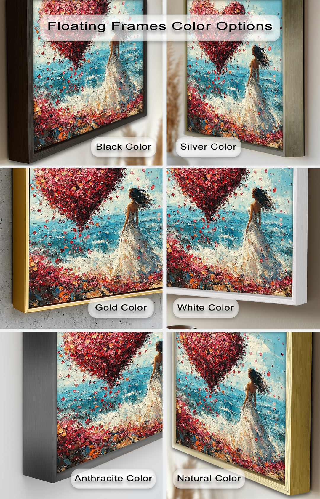Woman with Heart-Shaped Petals Over the Sea - Love Oil Painting