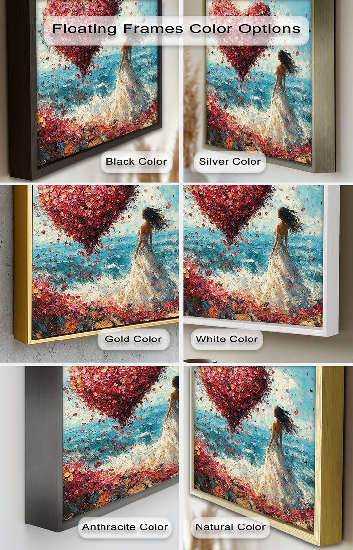 Woman with Heart-Shaped Petals Over the Sea - Love Oil Painting