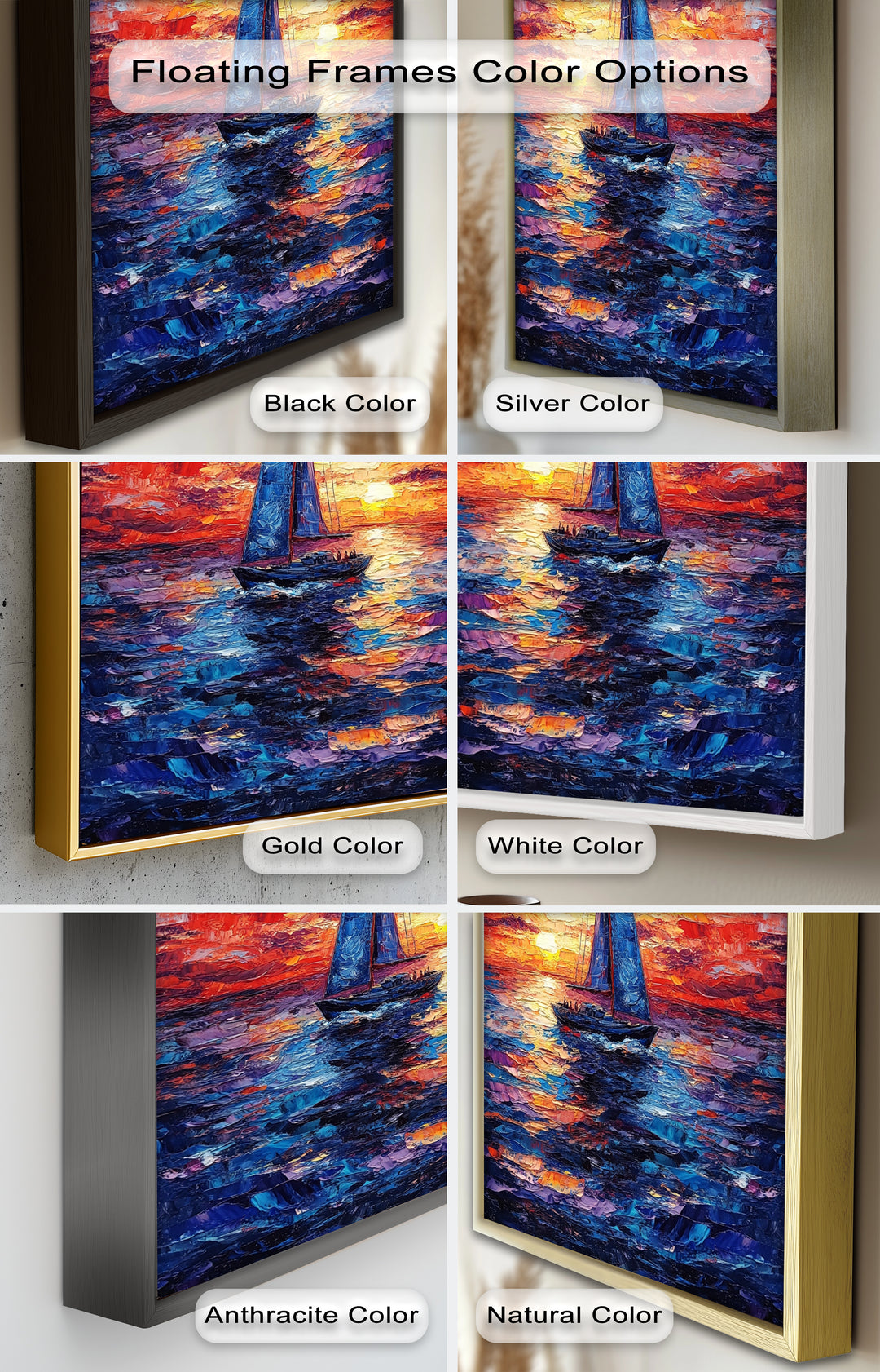 Crimson Horizon – Sunset Voyage Boat Oil Painting