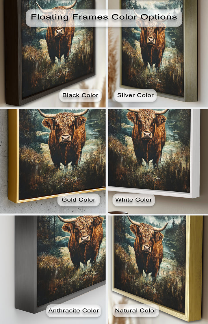 Highland Cow in Misty Pines – Wilderness Oil Painting
