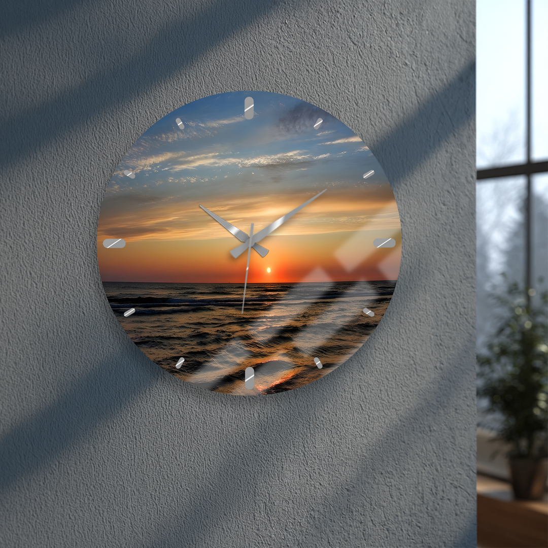 Ocean Sunset Glass Wall Clock – Coastal Beach Decor