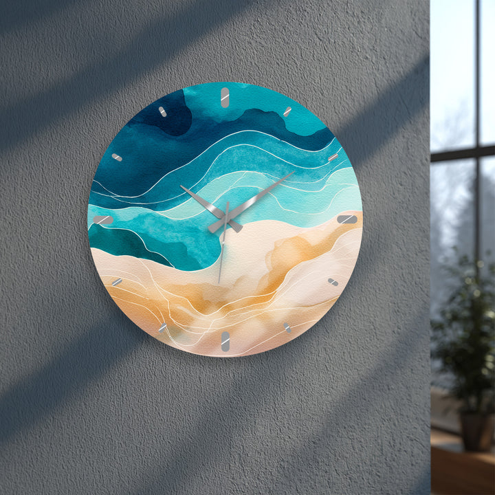 Abstract Coastal Glass Wall Clock – Blue Ocean Wave Decor