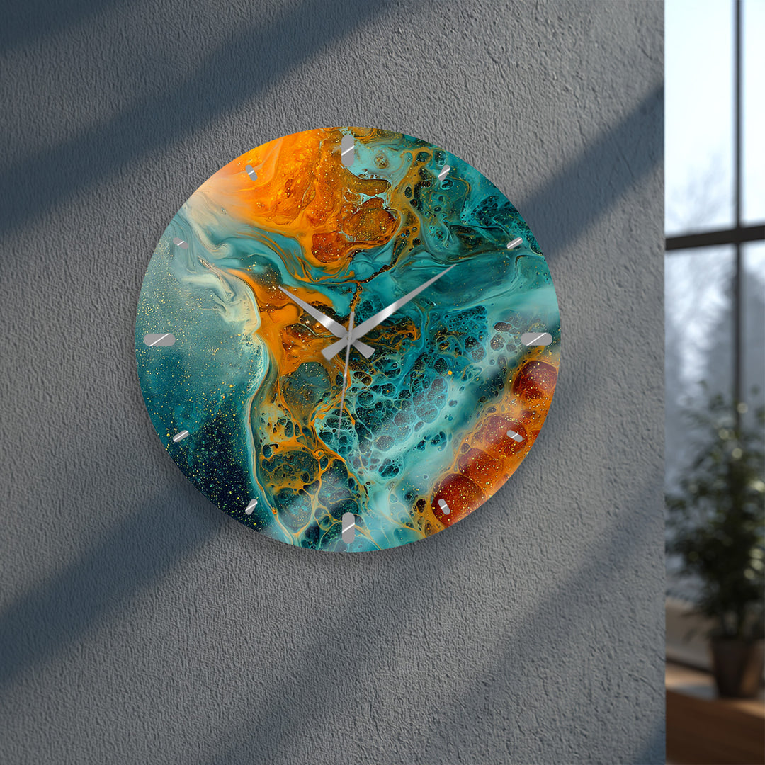 Fluid Art Glass Wall Clock – Teal and Gold Abstract Pour Decor