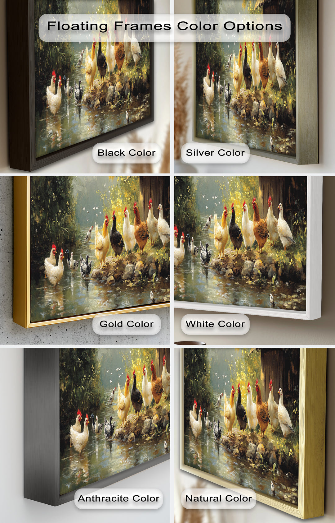 Country Farmyard Chickens by the Stream – Animal Oil Painting