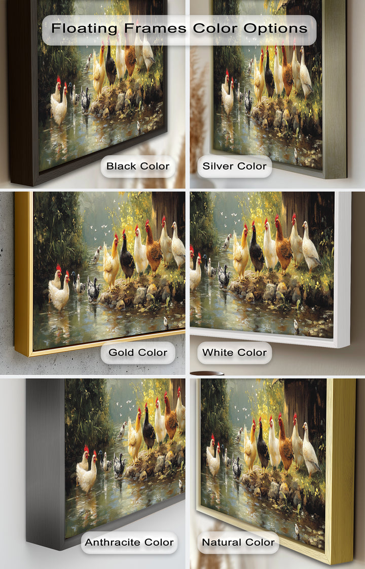 Country Farmyard Chickens by the Stream – Animal Oil Painting