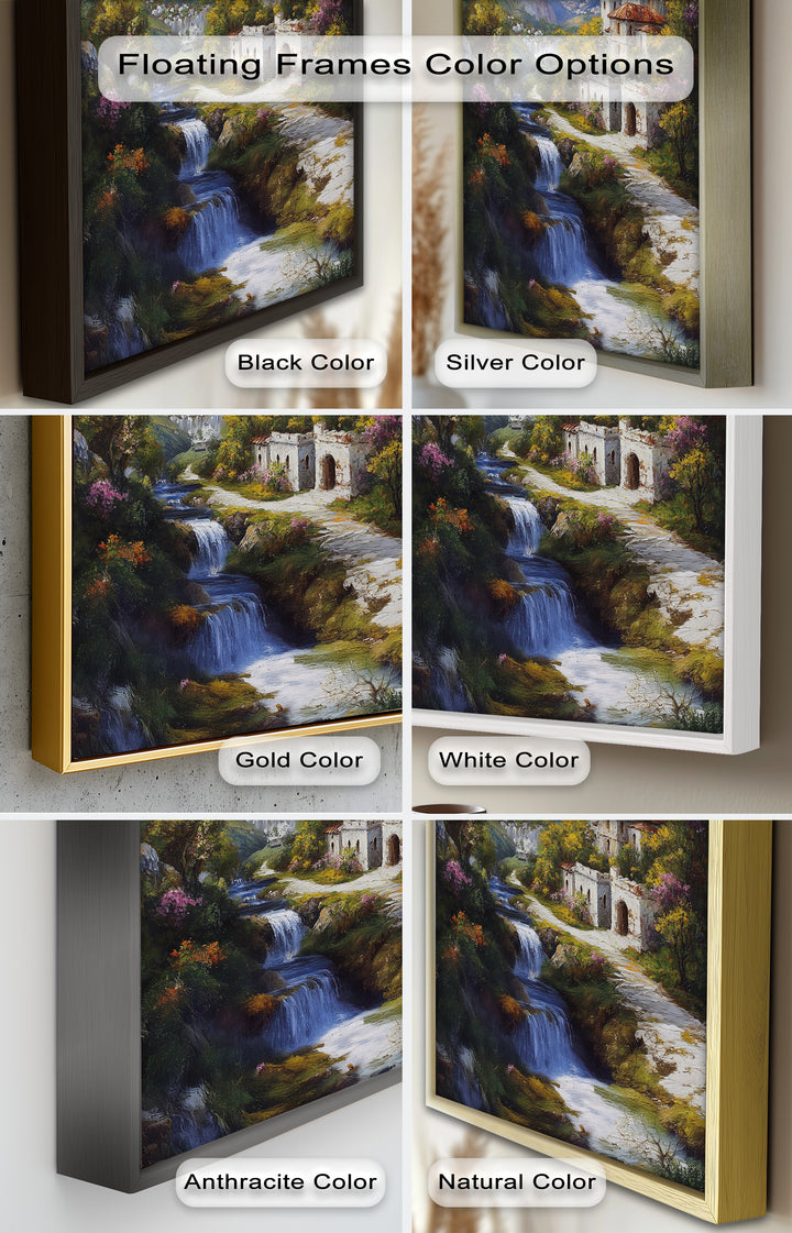 Mountain Abbey by the Falls – Serene Renaissance Oil Painting