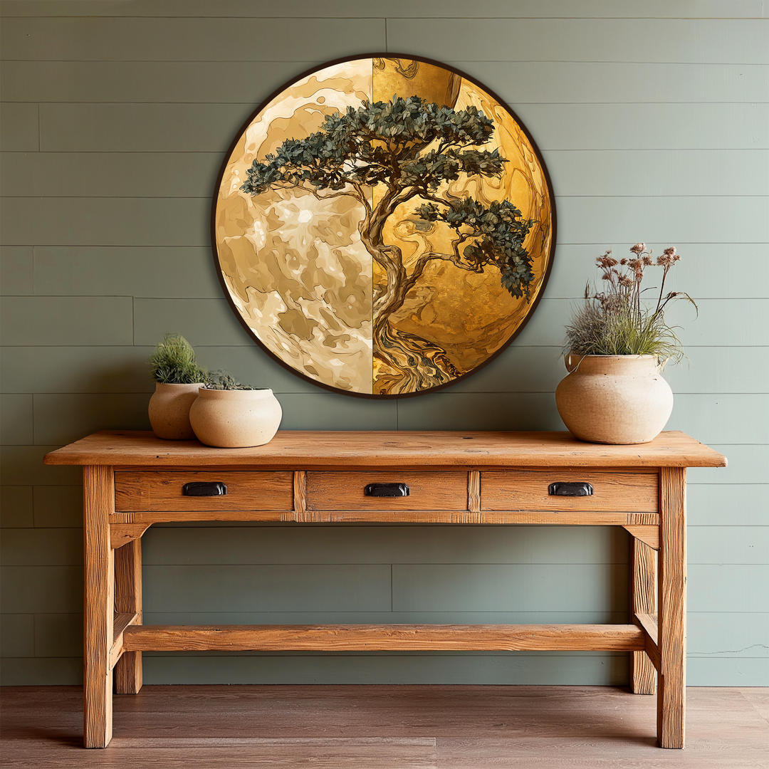 Encircling the dual-tone round oil painting, the edge and borders create a distinguished frame, enhancing the overall oil painting decoration of the golden balance tree.