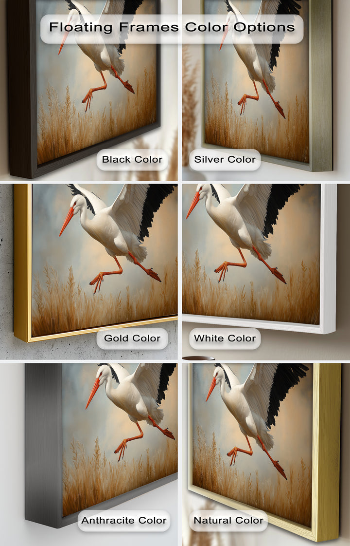Stork in Flight over Golden Grasses – Animal Oil Painting