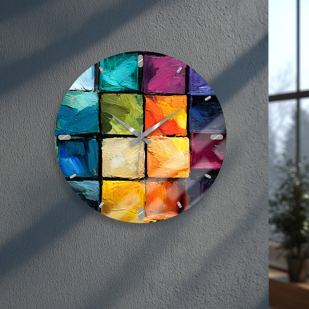 Colorful Abstract Glass Wall Clock – Textured Geometric Painting