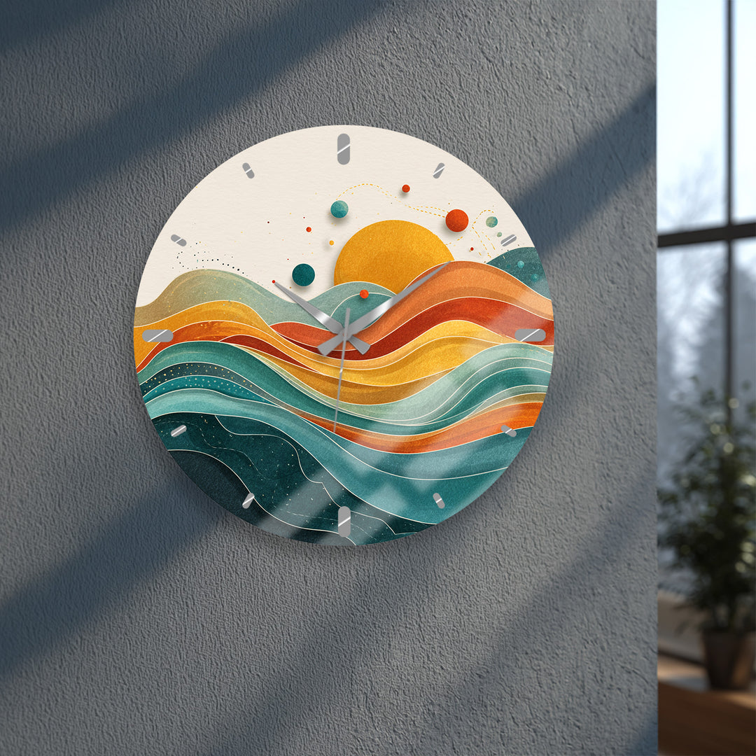 Retro Sunset Glass Wall Clock – Abstract Boho Wave Art