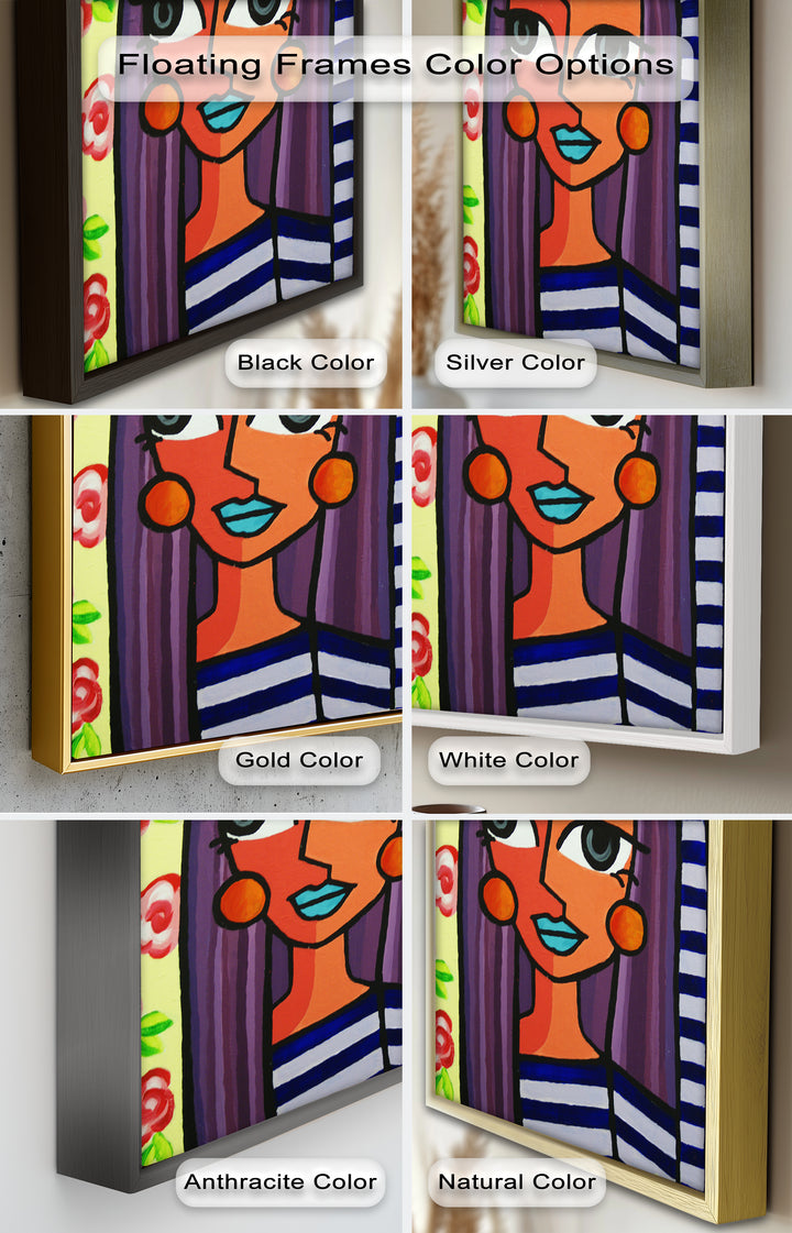 Striped Radiance – Playful Woman with Purple Hair Picasso Oil Painting