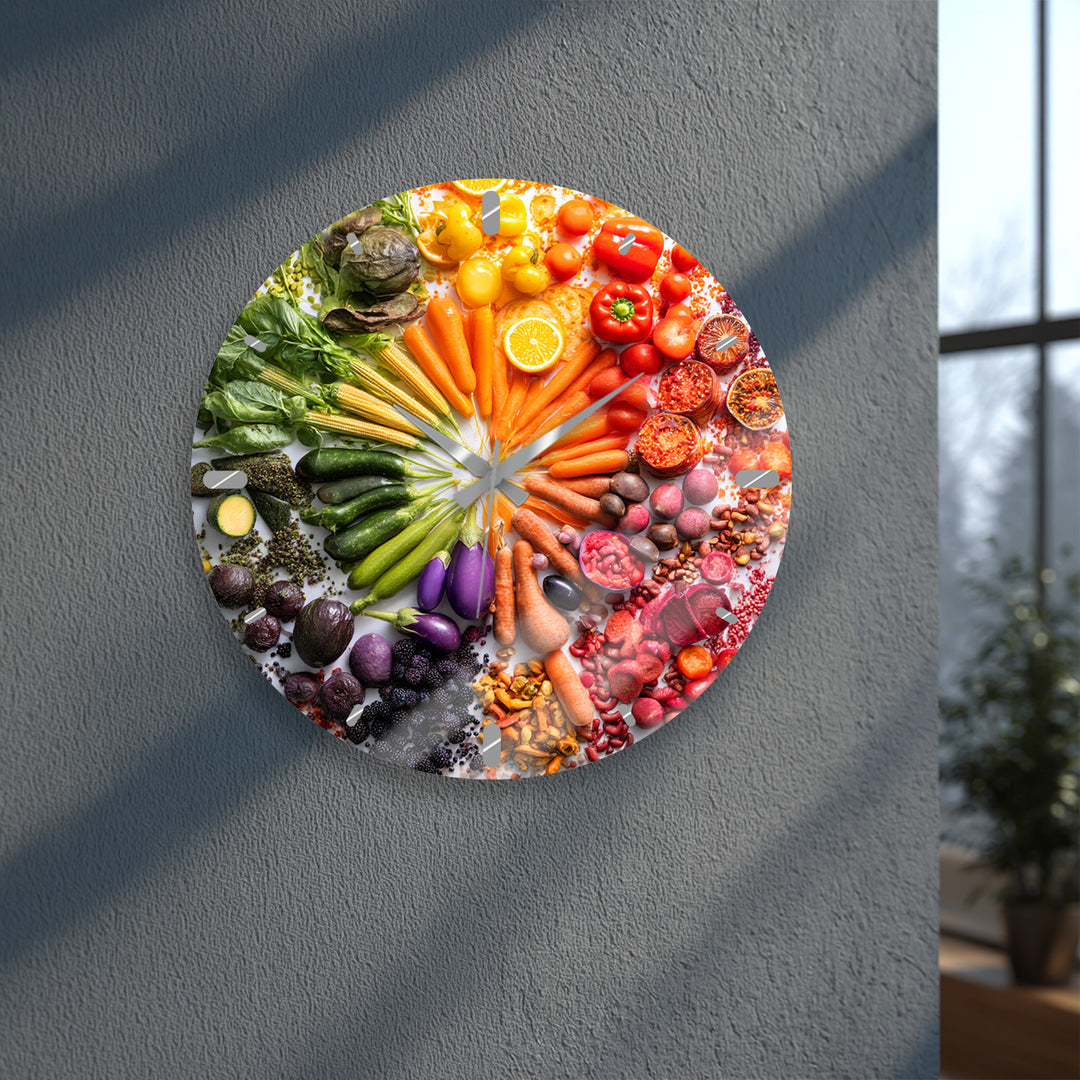 Vegetable Glass Wall Clock – Colorful Farmhouse Kitchen Decor