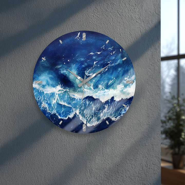 Abstract Blue Ocean Glass Wall Clock – Coastal Wave Art