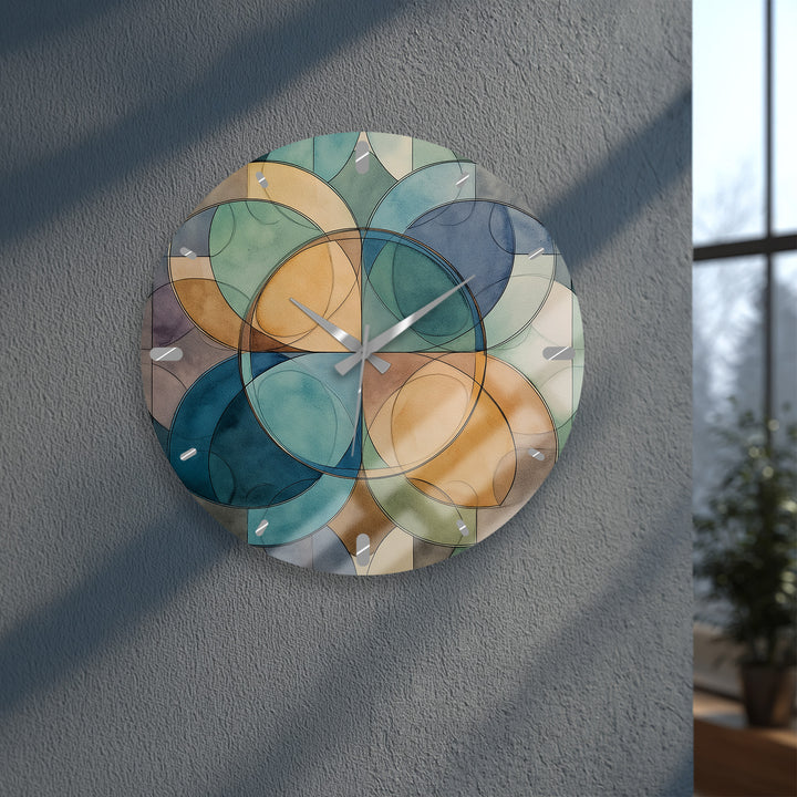 Teal Geometric Glass Wall Clock – Mid Century Abstract Decor
