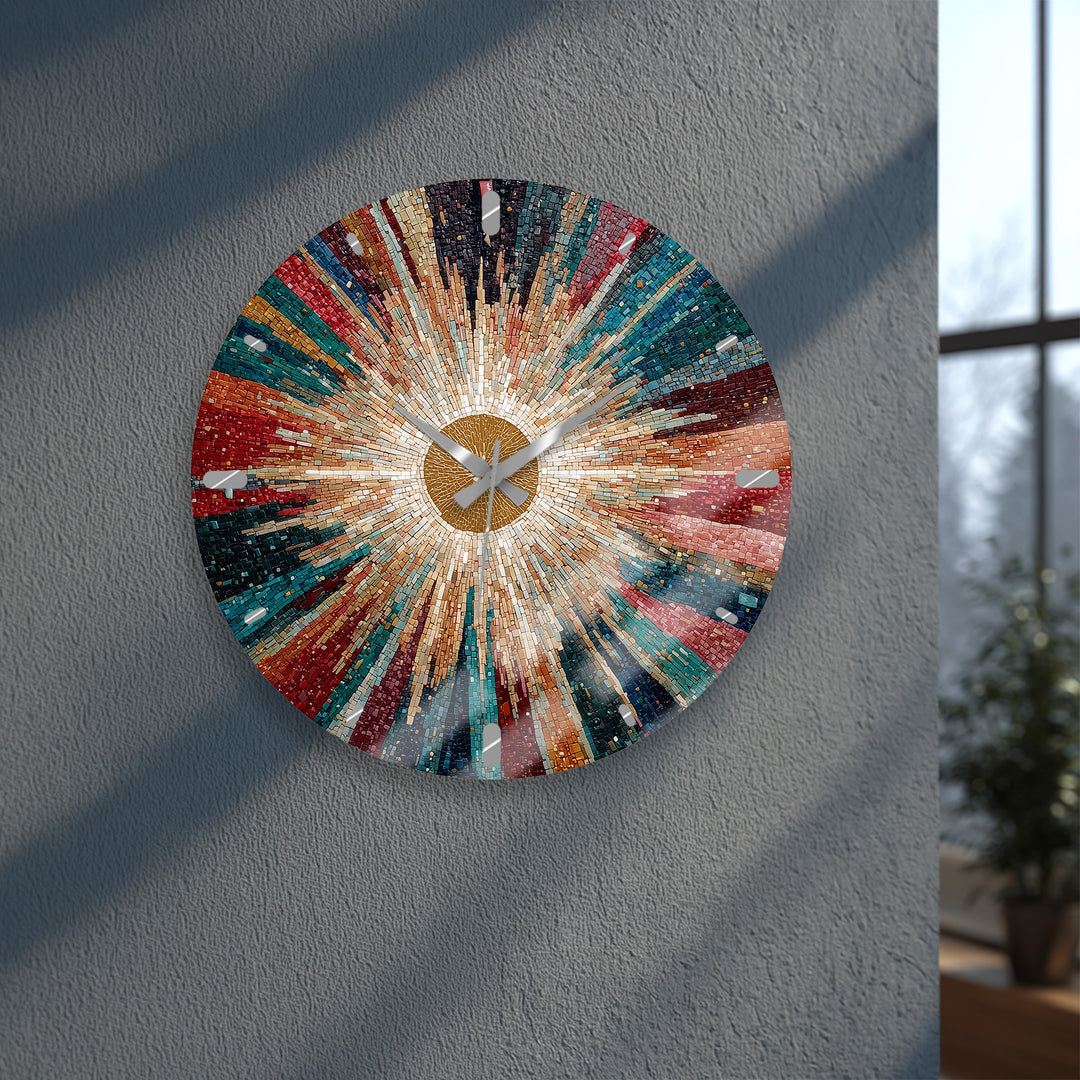 Colorful Sunburst Glass Wall Clock – Radiant Mosaic Art Decor