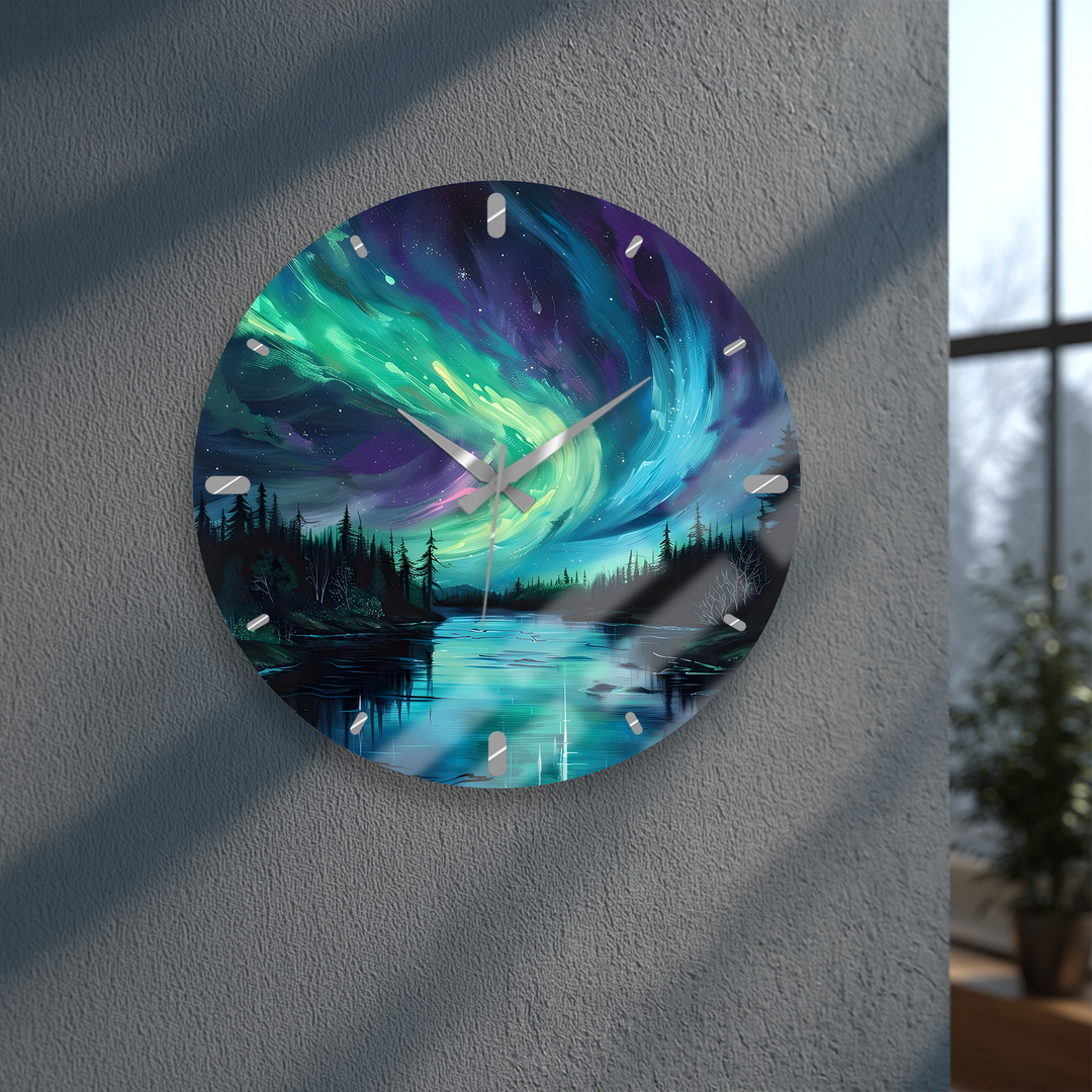 Northern Lights Glass Wall Clock – Aurora Borealis Decor