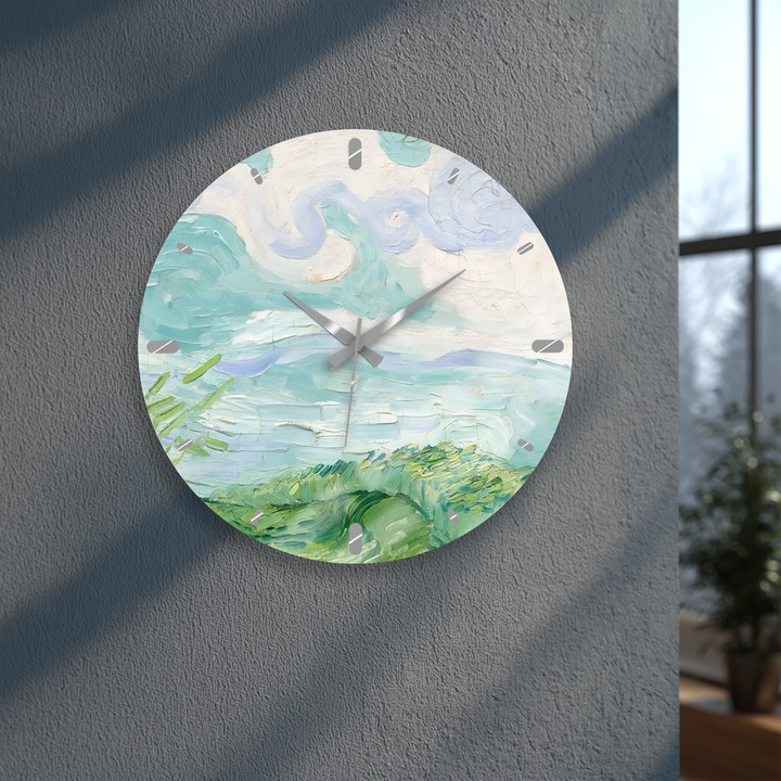 Pastellfarbene Küstenwanduhr aus Glas – abstrakte Meereslandschaftskunst