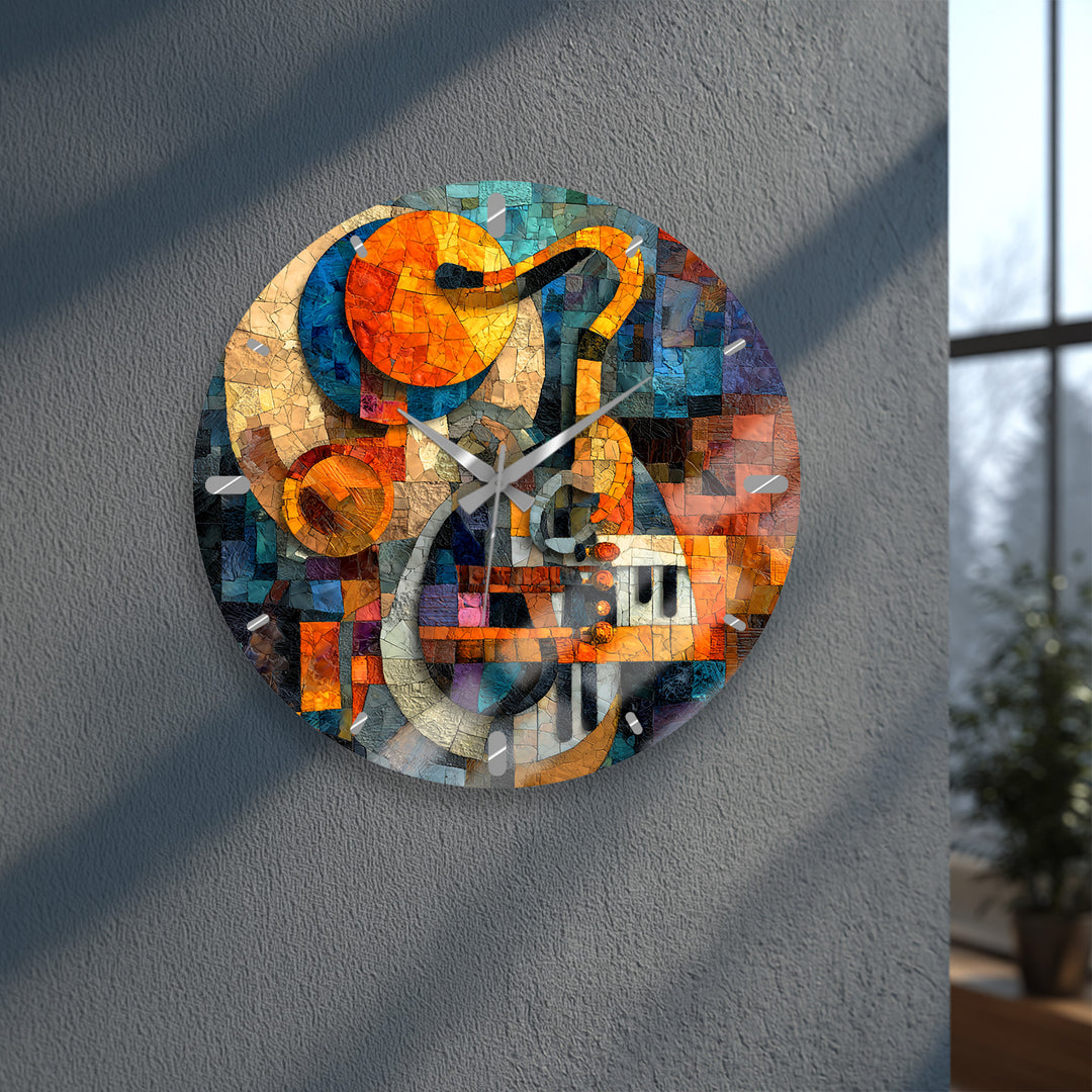 Music Glass Wall Clock – Treble Clef and Piano Mosaic Decor