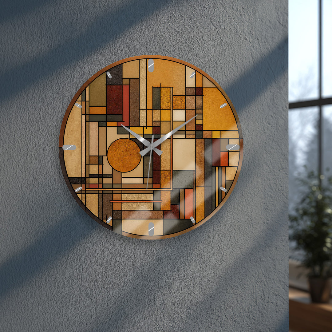 Art Deco Geometric Glass Wall Clock – Warm Retro Abstract Art