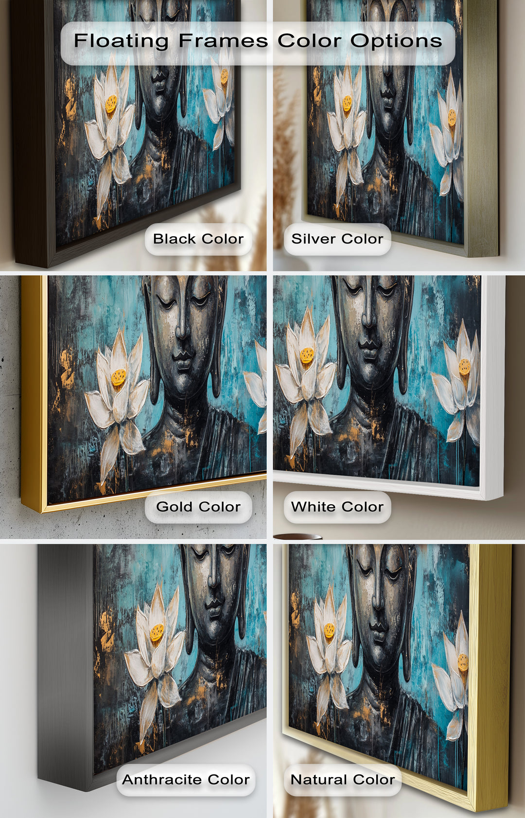 Teal Buddha with Lotus Flowers – Religious Oil Painting