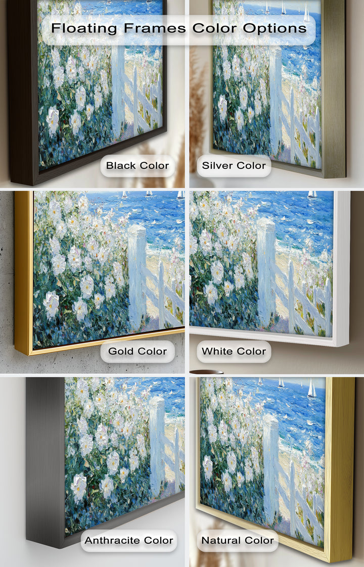 White Rose Garden with Sailboats – Impressionist Oil Painting