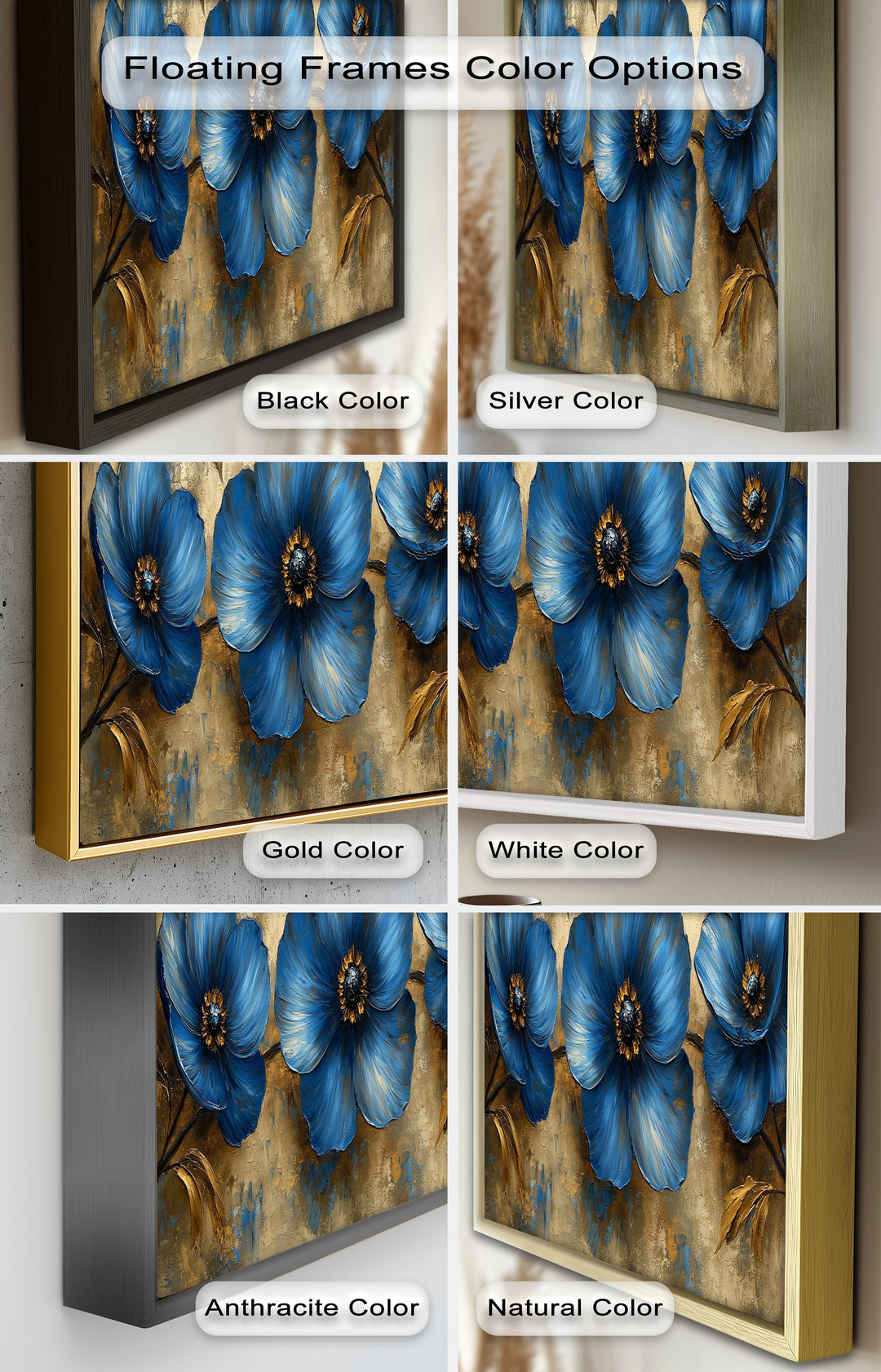 Golden Beige Elegance – Royal Blue Floral Trio Flower Oil Painting