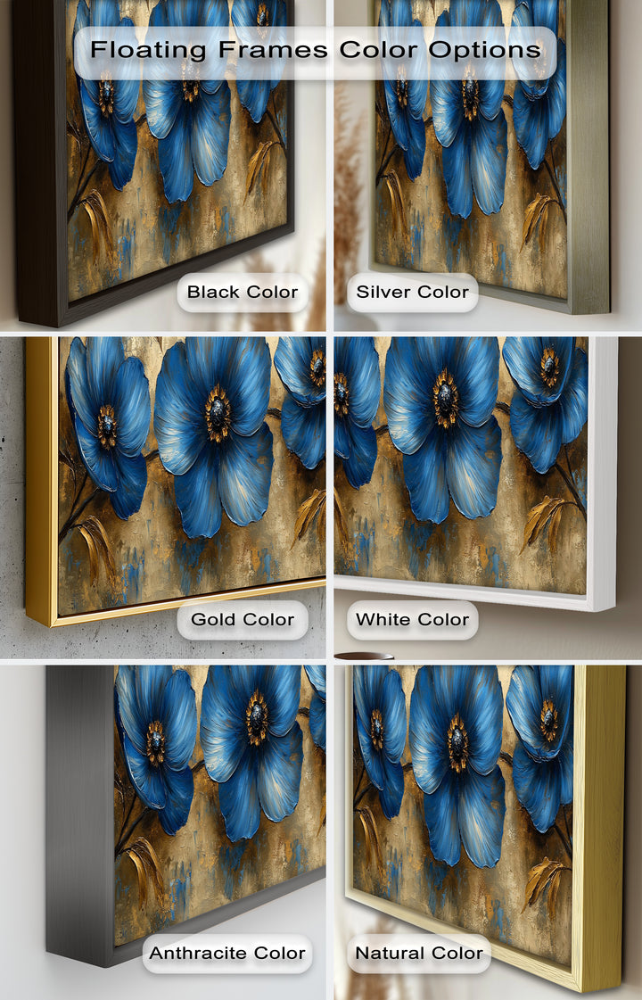Golden Beige Elegance – Royal Blue Floral Trio Flower Oil Painting