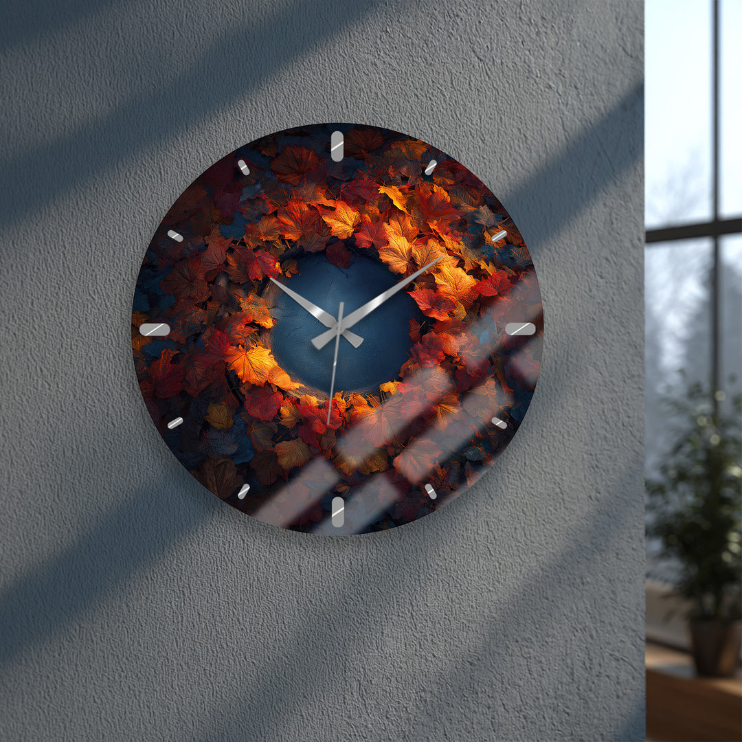 Glas-Wanduhr mit Herbstblättern – rustikales Herbstkranz-Dekor