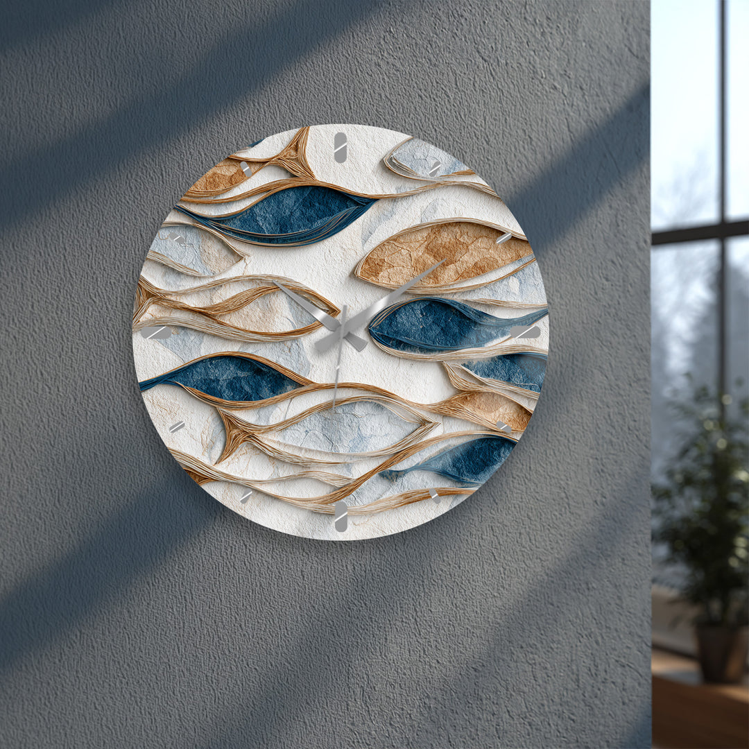 Blue and Beige Glass Wall Clock – Modern Organic Abstract Art