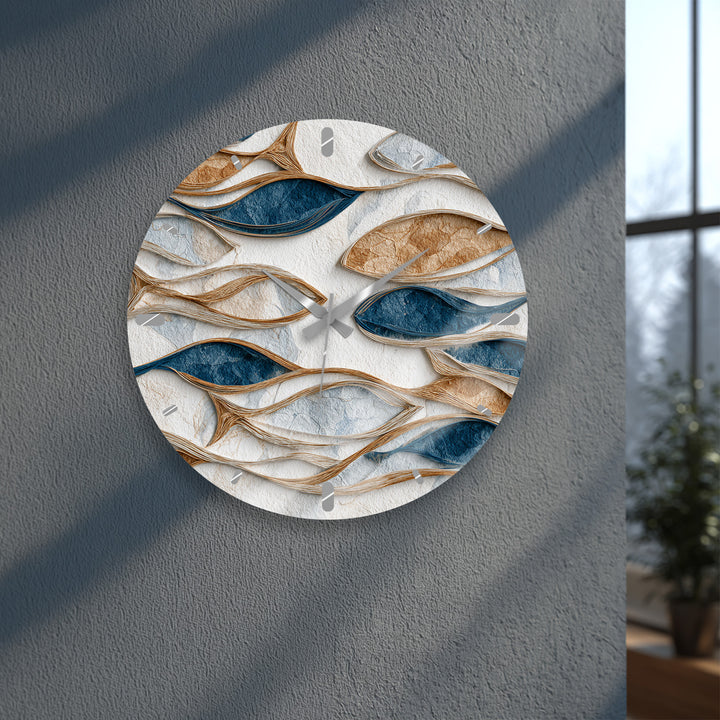 Blue and Beige Glass Wall Clock – Modern Organic Abstract Art