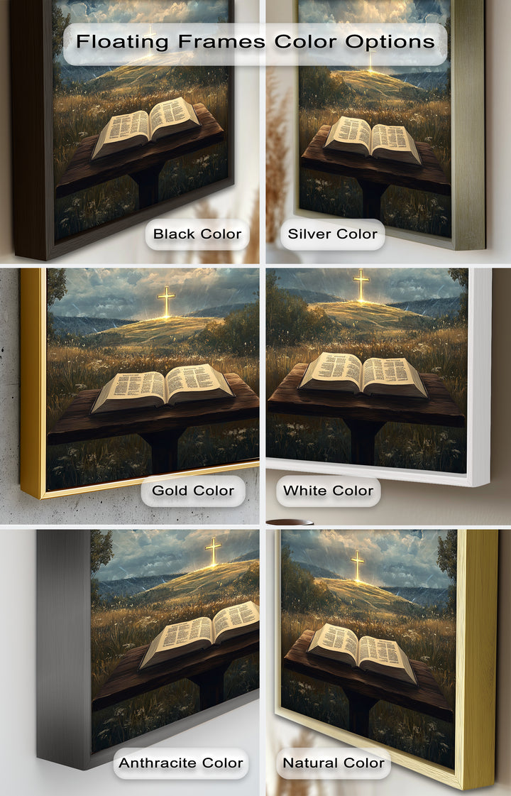 Göttliche Offenbarung – Bibel und leuchtendes Kreuz, christliches Ölgemälde