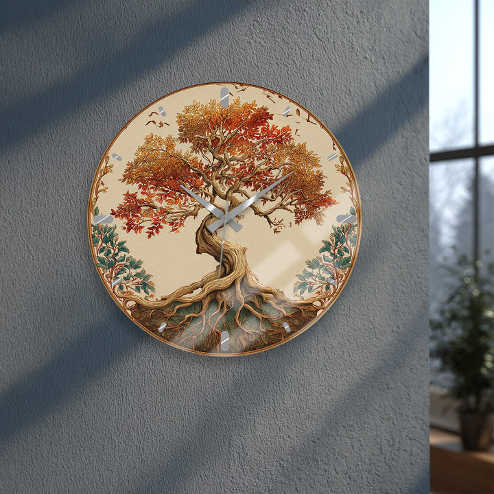 Autumn Tree of Life Glass Wall Clock – Rustic Fall Decor
