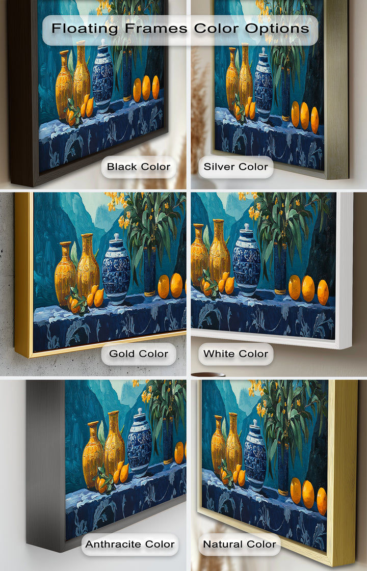 Blue & Yellow Vase Citrus Still Life – Framed Oil Painting
