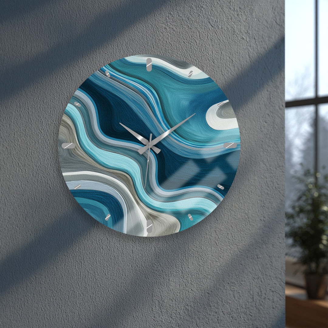 Blue Abstract Glass Wall Clock – Teal Wave Modern Decor