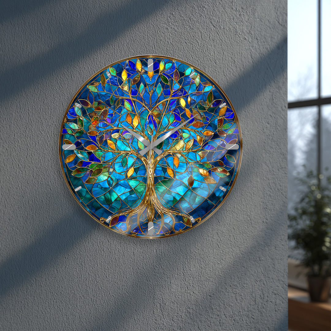 Blue Tree of Life Glass Wall Clock – Gold Stained Glass Style